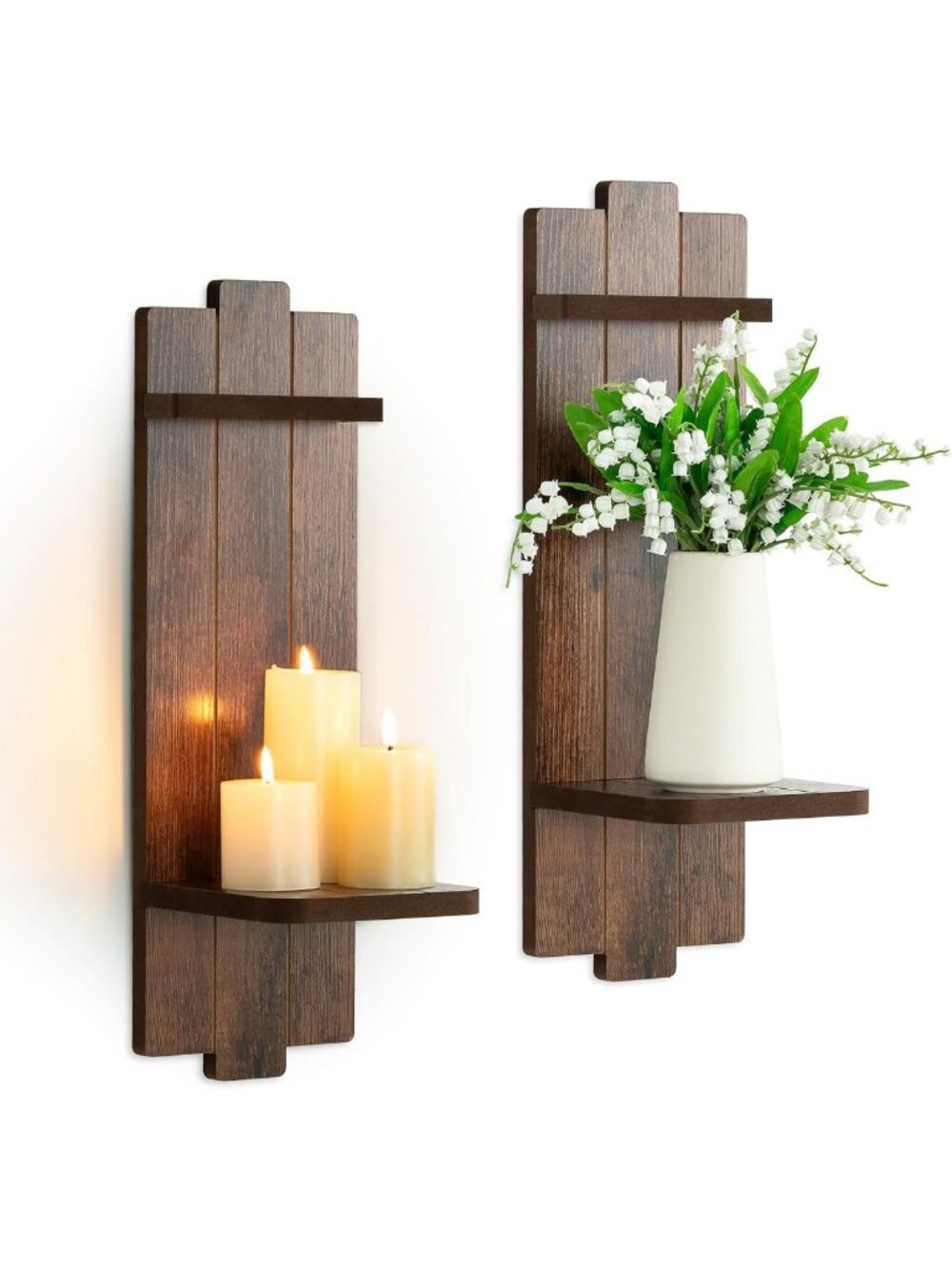 Set of 2 Large Distressed Brown Wall Candle Sconces with Wood Shelf Decor